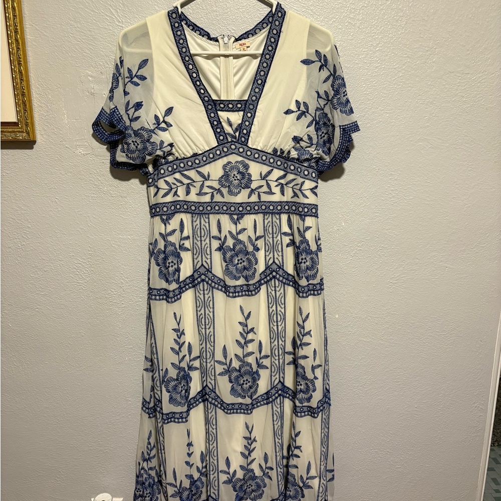 Reba Cream and Blue Floral Maxi Dress